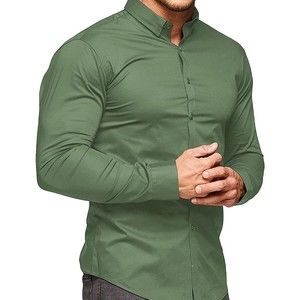 URRU Men's Muscle Dress Shirts Slim Fit Stretch Long Sleeve Casual Large Green